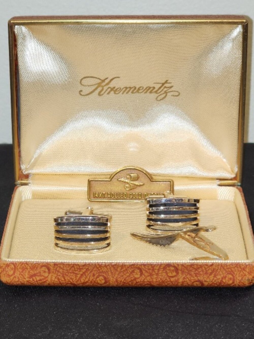 Vintage Krementz Cufflinks & Tie Bar Set 14KT Rolled Gold Overlay